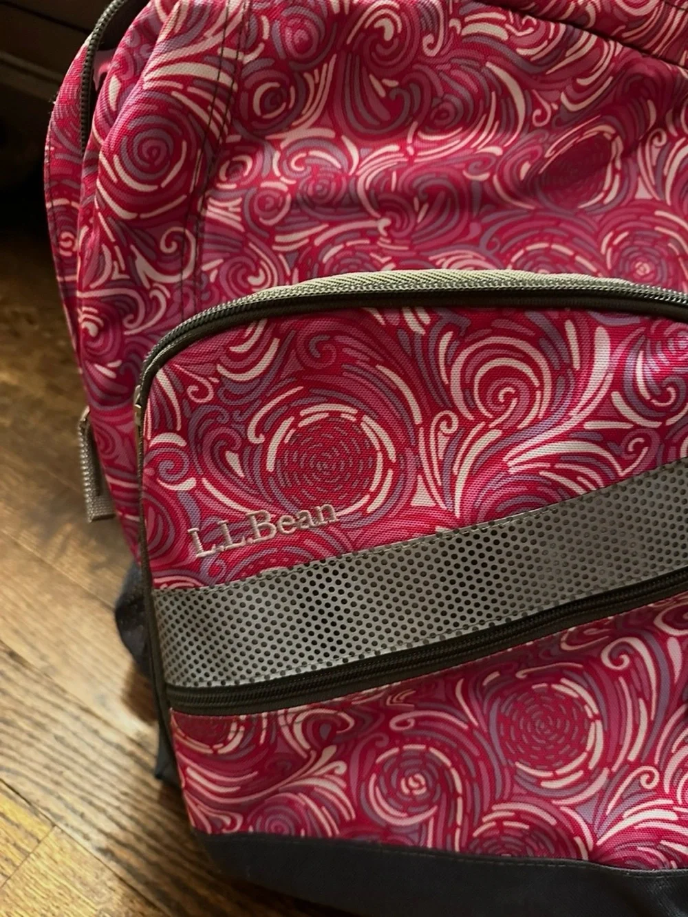 L.L. Bean Pink Swirl Canvas Backpack with Gray Accents